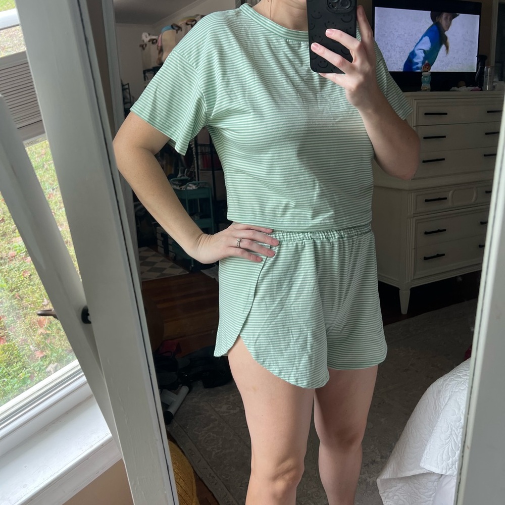 Green and White Striped Top